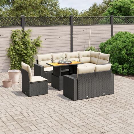 Ensemble Salon Jardin 9 Places Noir Résine Tressée avec Coussins Crème - Table Réglable et Design Modulaire (1/3)