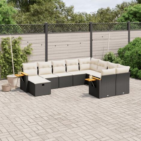 Ensemble salon jardin 10 places résine tressée noir avec coussins crème - Table et sièges modulables rangement intégré (1/3)