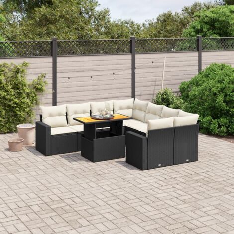 Salon de jardin 9 places en résine tressée noir avec coussins - Ensemble modulaire 8 sièges + table extensible acacia (1/3)