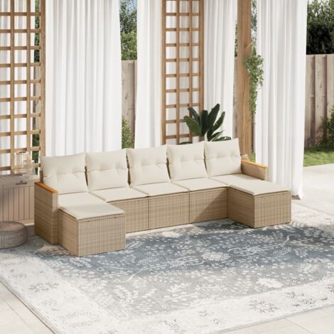 Salon de jardin 7 pièces en résine tressée beige avec coussins crème, rangement intégré et design modulaire (1/3)