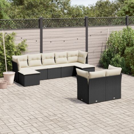 Ensemble de jardin 9 places en résine tressée noire avec coussins - 4 coins + 3 central + 2 repose-pieds - Stockage intégré (1/3)