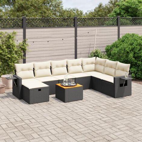 Ensemble Jardin 9 Places Noir Résine Tressée avec Coussins Crème - Salon Extérieur Modulaire Table Acacia (1/4)