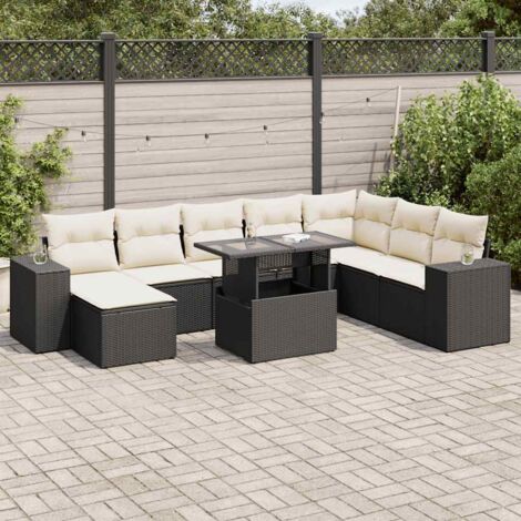 Ensemble Salon Jardin 9 Places Résine Tressée Noir avec Coussins Crème - Table Réglable, Rangement Intégré (1/5)