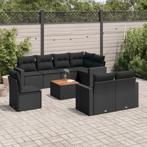Ensemble de jardin 9 places en résine tressée noire avec coussins - Salon extérieur modulaire avec rangement et table acacia (1/5)