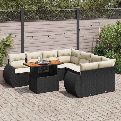 Ensemble Salon Jardin 9 Places Noir Résine Tressée avec Table Réglable et Coussins Crème - Mobilier Extérieur Modulaire avec Rangement (1/5)