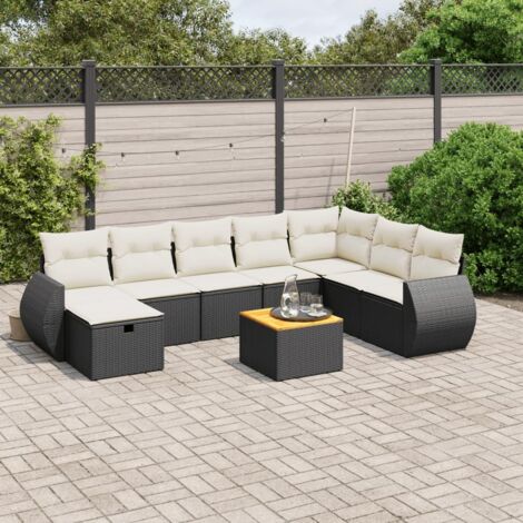 Ensemble Salon Jardin 9 Places Noir Résine Tressée avec Coussins Crème - Table Acacia et Structure Acier (1/4)