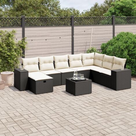 Salon de Jardin 9 Places Noir Résine Tressée avec Table Verre Trempé et Coussins Crème - Ensemble Modulaire Jardin (1/4)