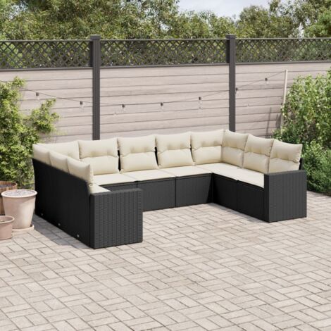 Ensemble Salon Jardin 9 Places Noir Résine Tressée avec Coussins Crème - Canapé d'Angle Modulaire (1/3)