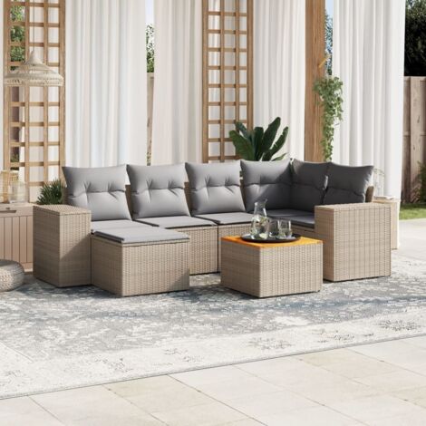 Salon de jardin 7 pièces en résine tressée beige avec coussins gris – canapé modulaire, table en acacia, résistant UV (1/5)