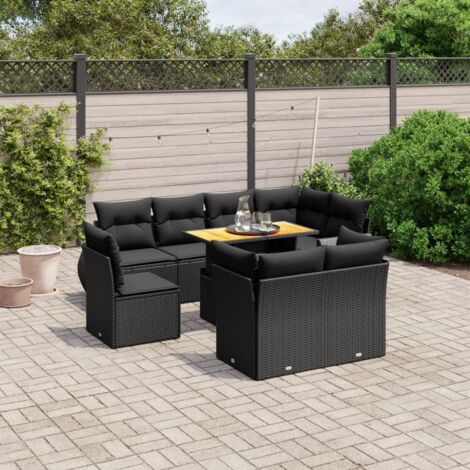 Ensemble Salon Jardin 9 Places Noir Résine Tressée avec Table Réglable et Coussins Confortables (1/3)