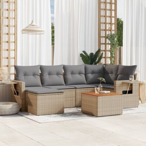 Salon de jardin 7 pièces en résine tressée beige avec coussins gris – canapé modulaire, table en acacia & repose-pied (1/5)