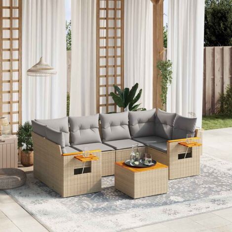 Canapé de jardin 7 pièces en résine tressée beige avec coussins lavables, table en acacia et design modulaire (1/5)