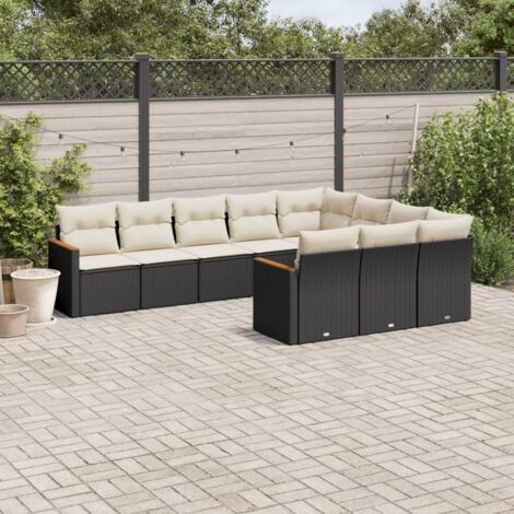 Ensemble Jardin 10 Places Noir Résine Tressée avec Coussins Crème - Salon Extérieur Modulaire avec Coffre de Rangement (1/5)