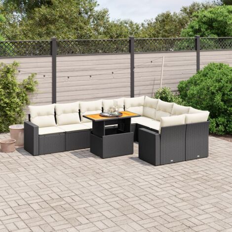 Ensemble Salon Jardin 10 Places Résine Tressée Noir avec Table Réglable et Coussins Crème - Meuble Extérieur Modulaire (1/3)