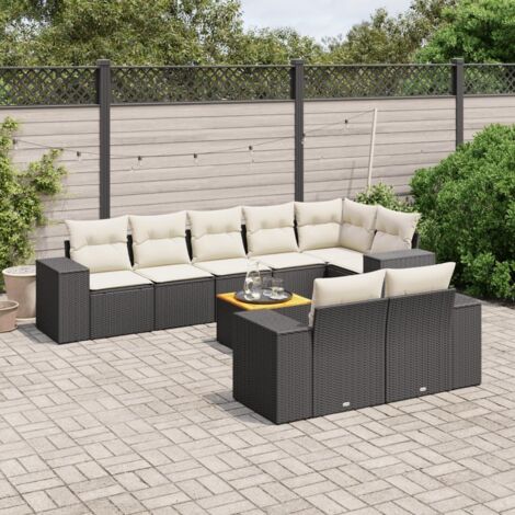 Ensemble de Jardin 9 Places Noir Résine Tressée avec Table Acacia et Coussins Crème - Meubles Extérieur Modulaires avec Rangement (1/3)