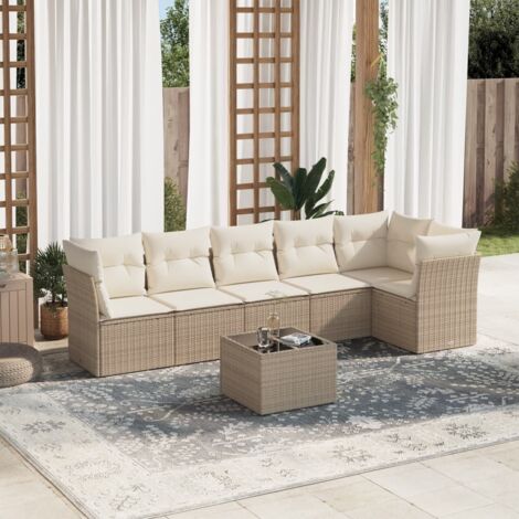 Canapé de jardin 7 pièces en résine tressée beige avec coussins crème, table en verre trempé – salon modulaire extérieur (1/3)