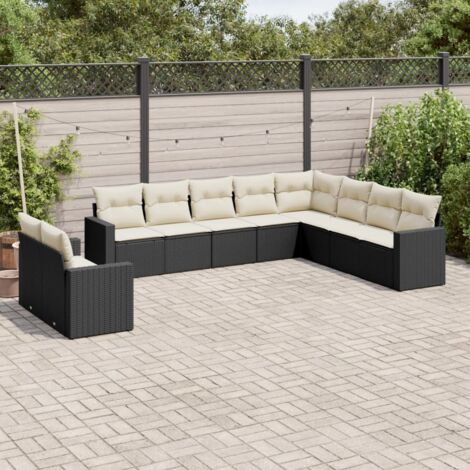 Ensemble Salon Jardin 10 Places Résine Tressée Noir avec Coussins Crème - Meuble Extérieur Modulaire (1/3)