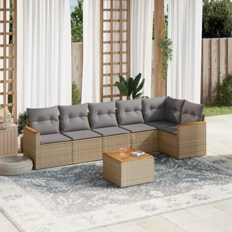 Salon de jardin 7 pièces en résine tressée beige avec coussins gris – table acacia + sièges modulaires et rangement intégré (1/3)