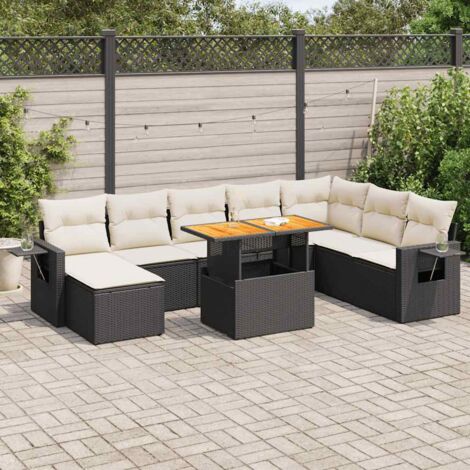 Ensemble Salon Jardin 9 Places Résine Tressée Noir avec Coussins Crème - Table Réglable et Rangement Intégré (1/5)