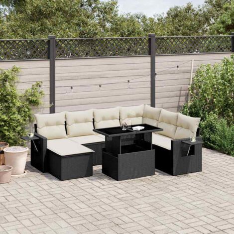 Ensemble de jardin 9 places en résine tressée noire avec coussins crème - Salon extérieur modulaire avec table réglable et repose-pieds (1/5)