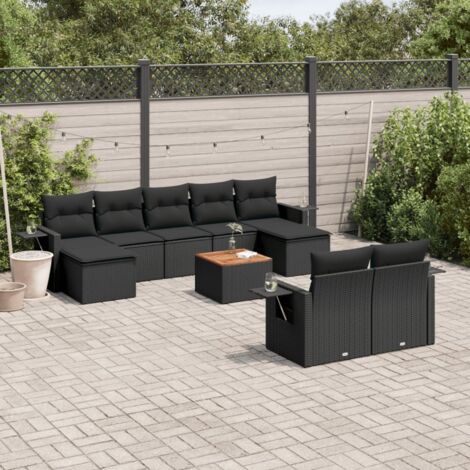 Ensemble de jardin 10 places en résine tressée noire avec coussins - Salon extérieur modulaire avec table acacia et repose-pieds (1/5)
