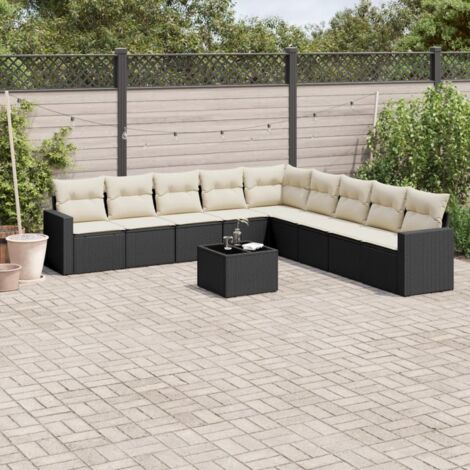 Ensemble Salon Jardin 10 Places Noir Résine Tressée avec Coussins Crème - Meuble Extérieur Modulaire (1/3)