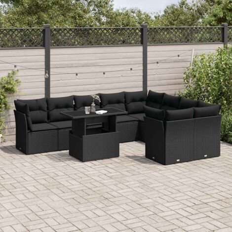 Ensemble jardin 10 places résine tressée noir avec coussins - Salon extérieur modulaire table réglable (1/5)