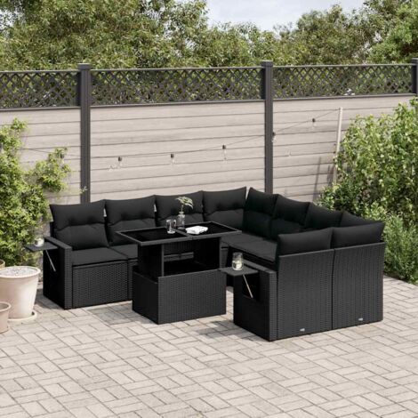 Ensemble Salon Jardin 9 Places Noir Résine Tressée avec Table Réglable et Coussins Confortables - Meuble Extérieur Modulaire Durable (1/5)