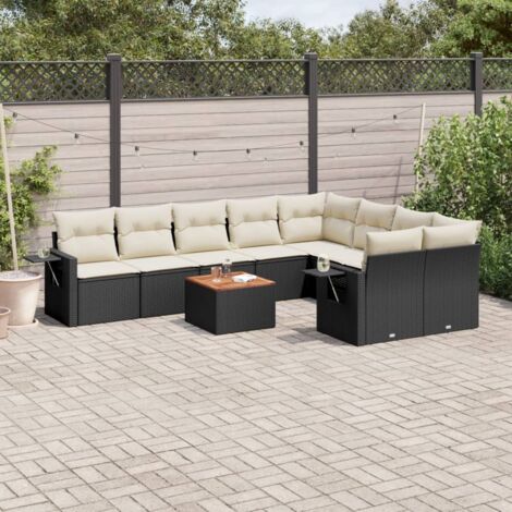 Ensemble Salon Jardin 10 Places Noir Résine Tressée avec Coussins Crème - Meuble Extérieur Modulaire Acacia (1/5)