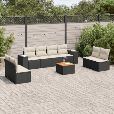 Ensemble de jardin 9 pièces noir résine tressée avec coussins crème - 6 sièges + 2 canapés + 1 table acacia - Meuble extérieur modulaire (1/3)