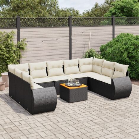 Ensemble Salon Jardin 10 Places Noir Résine Tressée avec Coussins Crème - Table Acacia et Rangement Intégré (1/3)