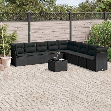 Salon de Jardin 10 Pièces Noir Résine Tressée avec Coussins - Ensemble Canapé d'Extérieur Modulaire avec Table en Verre Trempé (1/3)