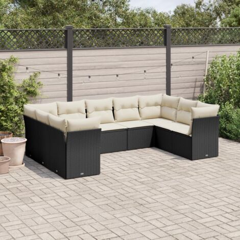 Ensemble Salon Jardin 9 Places Noir Résine Tressée avec Coussins Crème - Mobilier Extérieur Modulaire avec Rangement (1/3)