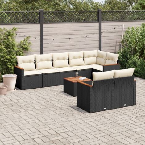 Ensemble jardin 9 places résine tressée noir avec table acacia et coussins crème - Salon extérieur modulaire rangement intégré (1/3)