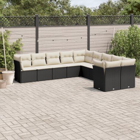 Ensemble Salon Jardin 10 Places Résine Tressée Noir avec Coussins Crème - Mobilier Extérieur Modulaire (1/5)