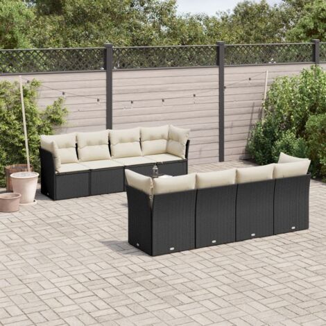 Ensemble Salon Jardin 9 Places Noir Résine Tressée avec Table Verre Trempé et Coussins Crème (1/5)