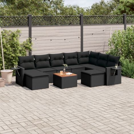 Ensemble jardin 10 places résine tressée noir avec coussins et table acacia - Salon extérieur modulaire rangement intégré (1/3)