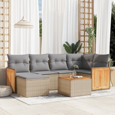Canapé de jardin 7 pièces en résine tressée beige avec coussins gris – modulable, UV résistant et livré monté (1/5)