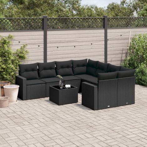 Ensemble de jardin 9 places en résine tressée noir avec coussins - Salon extérieur modulaire avec table en verre trempé (1/3)