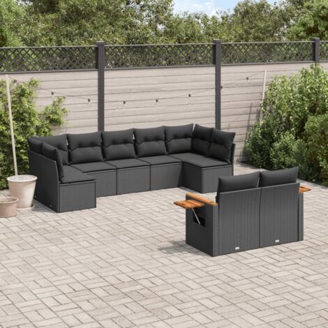 Ensemble Salon Jardin 9 Places Noir Résine Tressée avec Coussins - Canapé d'Angle Modulaire et Table d'Appoint (1/5)