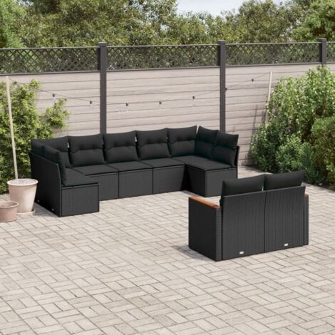 Ensemble de jardin 9 places en résine tressée noire avec coussins - Salon d'extérieur modulaire avec rangement intégré et housses lavables (1/3)