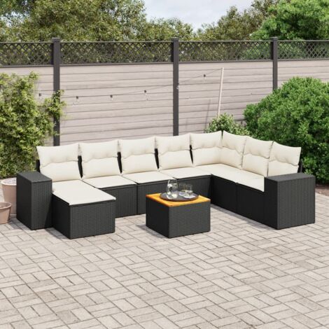 Ensemble Salon Jardin 9 Places Noir Résine Tressée avec Table Acacia et Coussins Crème - Meuble Extérieur Modulaire avec Rangement (1/3)