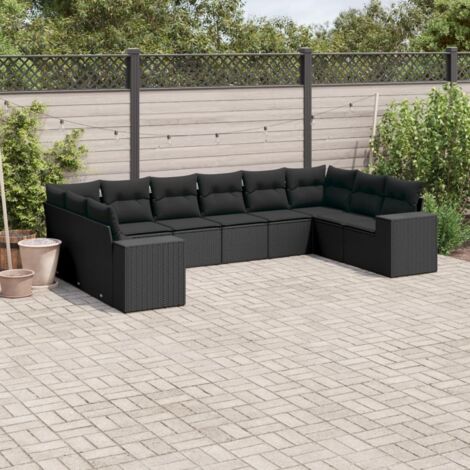 Ensemble de jardin 10 places en résine tressée noire avec coussins - Salon modulaire pour terrasse et extérieur (1/5)
