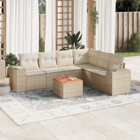 Salon de jardin 7 pièces en résine tressée beige avec coussins crème, rangement intégré et table en acacia (1/3)