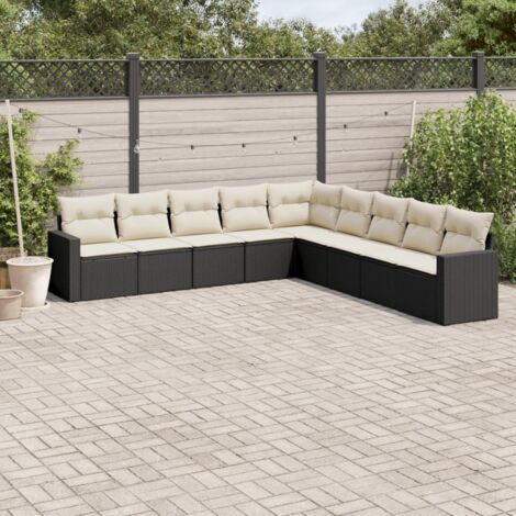 Ensemble Salon Jardin 9 Places Résine Tressée Noir avec Coussins Crème - Meuble Extérieur Modulaire (1/3)