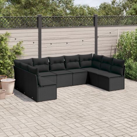 Ensemble salon jardin 9 places résine tressée noir avec coussins - 7 sièges centraux + 2 coins modulables (1/3)