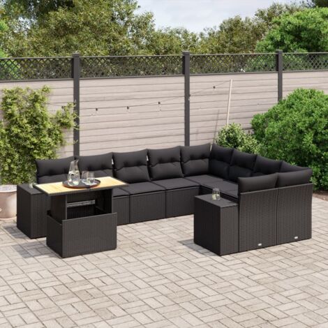 Ensemble Jardin 10 Places Noir Résine Tressée avec Coussins - Salon Extérieur Modulable Acacia (1/3)