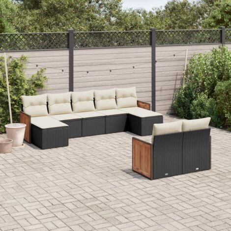 Ensemble Salon Jardin 9 Places Résine Tressée Noir avec Coussins Crème - Canapé Modulaire 55x62cm pour Terrasse et Jardin (1/5)