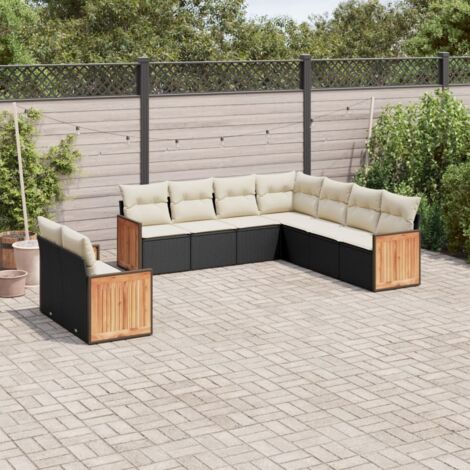 Ensemble Salon Jardin 9 Places Noir Résine Tressée avec Coussins Crème - Meuble Extérieur Modulaire Polyrotin (1/5)