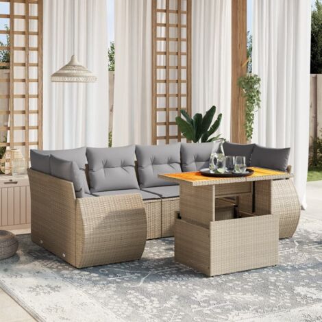 Salon de jardin 7 pièces en résine tressée beige avec coussins gris – table réglable, assises modulaires et résistantes aux UV (1/3)